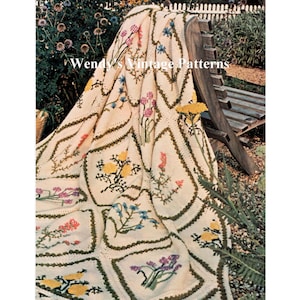 Instant Download PDF Crochet Pattern to make a Herb Garden Embroidered Wild Flower Afghan Blanket Bedspread Rug Cushion Wall Art Panel