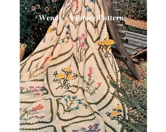 Instant Download PDF Crochet Pattern to make a Herb Garden Embroidered Wild Flower Afghan Blanket Bedspread Rug Cushion Wall Art Panel