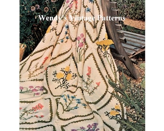 Instant Download PDF Crochet Pattern to make a Herb Garden Embroidered Wild Flower Afghan Blanket Bedspread Rug Cushion Wall Art Panel