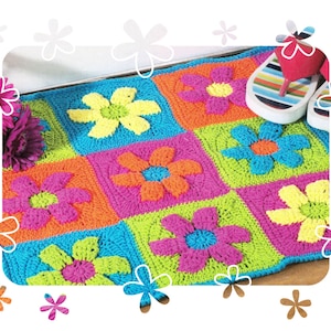 Instant Download PDF Crochet Pattern to make Retro Mod Daisy Flower Power Rug Cushion Cover Place Mat Hippy Wall Art Home Decor