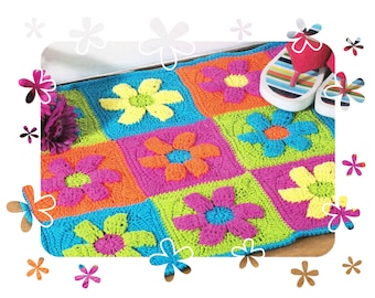 Instant Download PDF Crochet Pattern to make Retro Mod Daisy Flower Power Rug Cushion Cover Place Mat Hippy Wall Art Home Decor