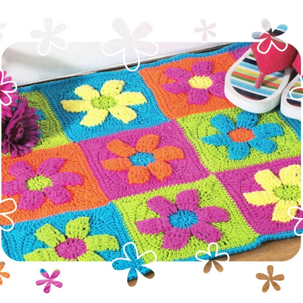 Instant Download PDF Crochet Pattern to make Retro Mod Daisy Flower Power Rug Cushion Cover Place Mat Hippy Wall Art Home Decor