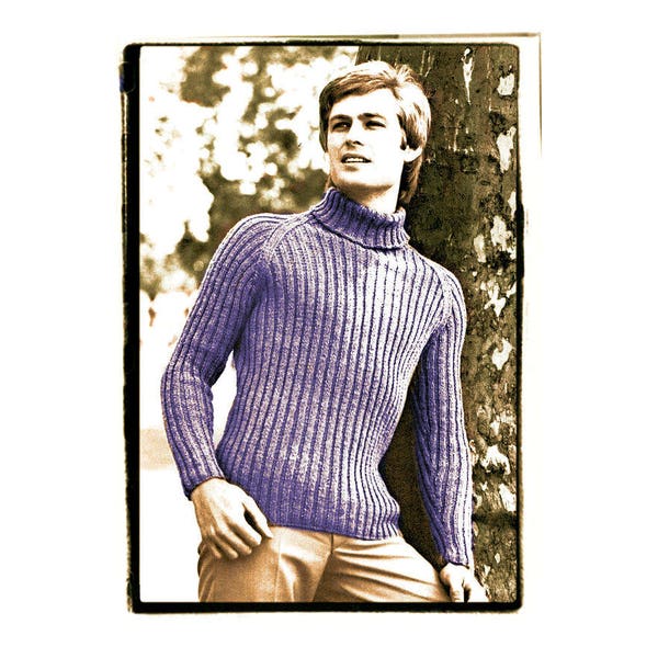 Instant Download PDF Knitting Pattern to make a Mens Ribbed Roll Neck Slim Fit Sweater DK 8 Ply Yarn 5 Sizes 38 to 46 inch chest