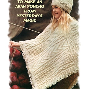 Instant Download PDF Knitting Pattern to make an Aran Blanket Poncho Fringed Cape & Matching Beanie Hat Girls and Small Womens size