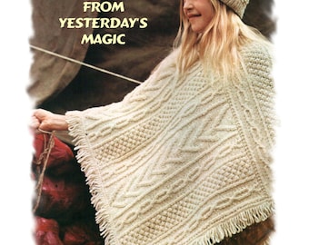 Instant Download PDF Knitting Pattern to make an Aran Blanket Poncho Fringed Cape & Matching Beanie Hat Girls and Small Womens size