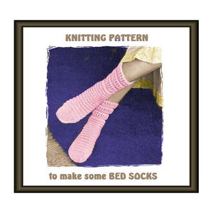 May include: Knitting pattern to make bed socks. The image shows a pair of pink knitted bed socks on a person's feet.