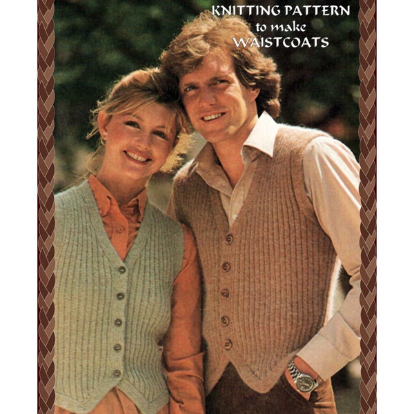 Instant Download PDF  Knitting Pattern to make Mens Womens Ribbed Shaped Waistcoat Sleeveless Vest 7 Sizes 32 to 44 Chest Bust 3 Ply Yarn