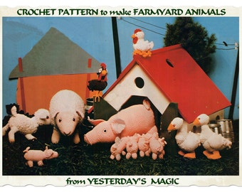 Instant Download PDF Crochet Pattern to make Farm Farmyard Animals Sheep Lamb Pig Piglet Goose Chicken Hen Rooster Baby Soft Toy