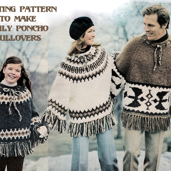 Instant Download PDF Knitting Pattern to make a a Fairisle Fringed Poncho Sweater Coat Mens Womens Childrens Sizes Chunky Wool Yarn