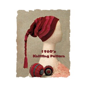 May include: A vintage knitting pattern for a red and white striped hat with a long tail. The pattern is from the 1960s and includes instructions for knitting the hat.