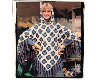 Instant Download PDF Easy Beginners Crochet Pattern to make a Granny Squares Fringed Womens Hooded Poncho Cape One Size Fits All 10 Ply Yarn
