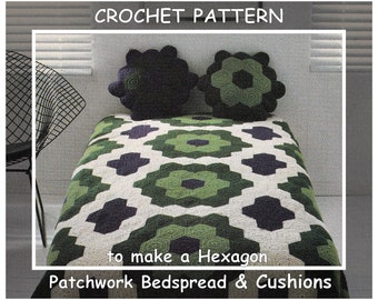 Instant Download PDF CROCHET PATTERN  to make a Hexagon Patchwork Bedspread Bed Cover Afghan Blanket Sofa Throw and Cushions Country Style