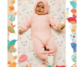 Instant Download PDF Easy Knitting Pattern to make Baby All in One Playsuit Sleep Romper Suit with Hood 8 Ply Yarn 3 Sizes Birth to 9 months