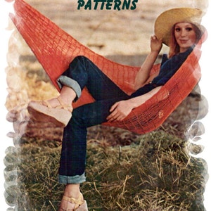 May include: A woman wearing blue jeans and a straw hat relaxes in a red hammock. The hammock is hanging between two trees. The text "WENDY'S VINTAGE PATTERNS" is visible in the top center of the image.