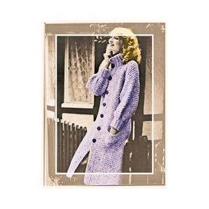 May include: A long, lavender knitted cardigan with a button closure and pockets. The cardigan is worn by a woman with blonde hair standing in front of a house.