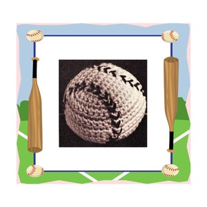 May include: A baseball-themed illustration featuring a central image of a baseball with visible stitching. The design includes two baseball bats and four baseballs, set against a backdrop of a baseball field.
