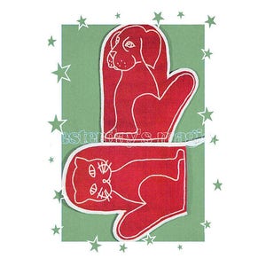May include: A pair of red oven mitts with a cat and dog design. The mitts are on a green background with white stars.