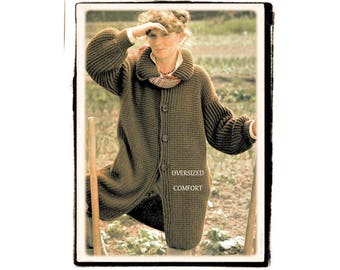 Instant Download PDF CROCHET PATTERN to make a Womens Long Cardigan Knee Length Oversize Baggy Coat Chunky Yarn fits up to a 40  inch Bust
