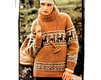 Instant Download PDF Knitting Pattern to make a Peruvian Llama Motif Womens Sweater Roll Neck 10 Ply Yarn 32 34 36 38 40 inch bust
