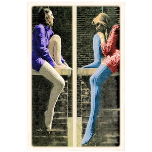 May include: Two women wearing tights, one in blue and one in white, sit on a ledge with a brick wall behind them. The woman in blue is wearing a red dress and the woman in white is wearing a purple shirt.