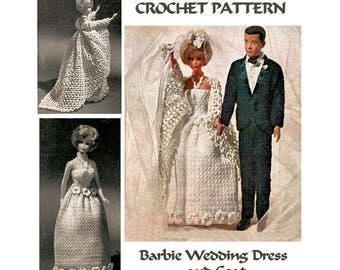 Instant Download PDF Sixties CROCHET PATTERN to make a Barbie Wedding Dress Bridal Cape Coat  Veil  Bouquet 12 inch Teenage Doll Clothes