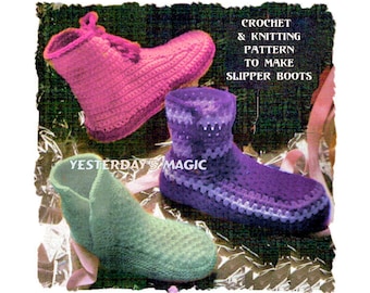 Instant Download PDF 1 Knitting & 2 Crochet Patterns to make Cosy Warm Ankle Slipper Boots Bootees Indoor Shoes All Womens Foot Sizes