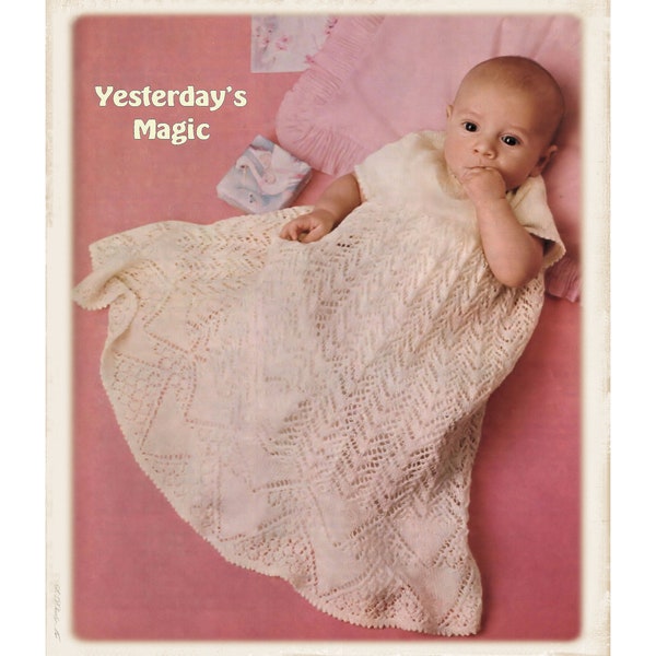 Instant Download PDF Knitting Pattern to make a Fine Lace Christening Baby Gown or Short Sleeve Party Dress 2 Ply Yarn 18 to 19 inch Chest