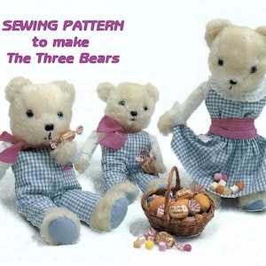 PDF Full Size Printable Sewing Pattern to make a Teddy Family Three Bears Removable Dress Dungarees Clothes 11 & 14 Inches Tall