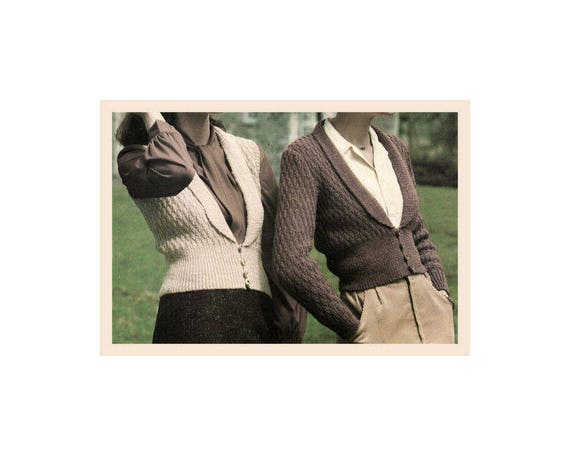 Instant Download Pdf Knitting Pattern To Make A Womens Waistcoat Shawl Collar Fitted Cardigan 8 Ply Yarn 4 Sizes 32 To 38 Inch Bust