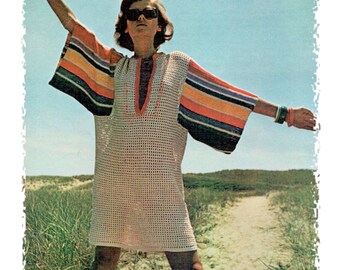 Instant Download PDF Crochet Pattern to make a Womens Kaftan Tunic Knee Length Dress Beach Bikini Cover Up 3 Sizes to fit 32 to 38 inch bust