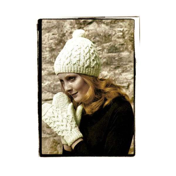 Instant Download PDF Knitting pattern to make a Womens Aran Cable Winter Ski Beanie Bobble Hat and Mittens Gloves 10 Ply Yarn