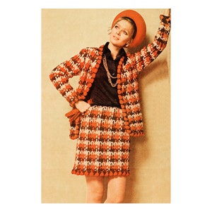 Instant Download PDF Crochet Pattern to make a Womens Suit Jacket & Short Straight Skirt Woven Plaid Effect 4 Sizes 30 to 40 inch Bust