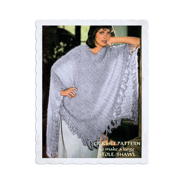 Instant Download PDF Crochet Pattern to make a Large Evening Stole Fringed Shawl Lightweight Lacy Wrap Poncho Wedding Party Mohair Yarn
