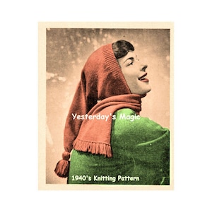 Op de afbeelding: Vintage breipatroon voor een rode capuchon-sjaal met kwastjes. Het patroon is uit de jaren 1940 en toont een vrouw die de sjaal draagt. De tekst op het patroon luidt "Yesterday's Magic 1940's Knitting Pattern".