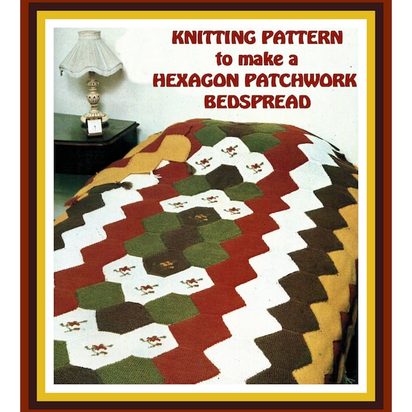 Instant Download PDF Easy KNITTING PATTERN to make a Hexagon Honeycomb Patchwork & Embroidered Bedspread Afghan Blanket Sofa Throw