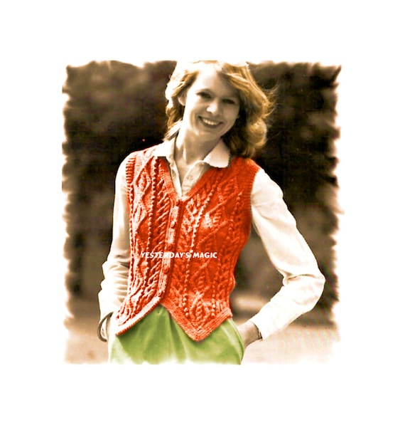 Instant Download Pdf Knitting Pattern To Make A Womens V Front Aran Waistcoat 8 Ply Dk Yarn 4 Sizes 32 To 38 Inch Bust