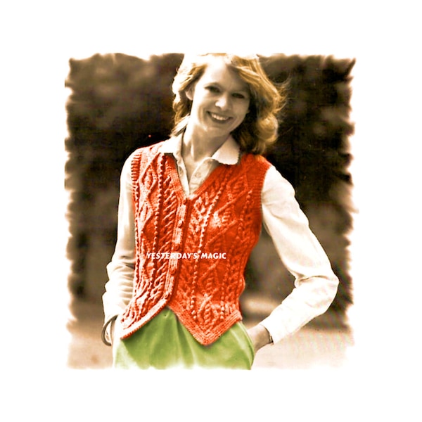 Instant Download PDF Knitting Pattern to make a Womens V Front Aran Waistcoat 8 Ply DK Yarn  32 34 36 38 inch bust