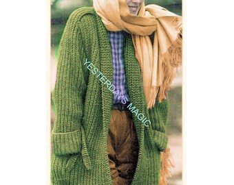 Instant Download PDF Easy Quick KNITTING PATTERN  to make an Oversize Thigh Length Coat Womens Jacket 4 Sizes 34 to 40 inch Bust Chunky Yarn