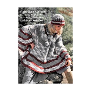 May include: Crochet pattern to make a full poncho and matching hat. The poncho is grey, white, and red with a pom pom on the hood. The hat is grey, white, and red.
