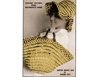 Instant Download PDF Crochet Pattern to make a Womens Big Brimmed Floppy Straw Sun Hat & Large Handbag Beach Shopping Weekend Bag Raffia