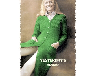 Instant Download PDF Knitting Pattern to make a Long Calf Length Womens Maxi Cardigan Coat 3 Sizes 32 to 36 inch Bust 8 ply DK  Yarn