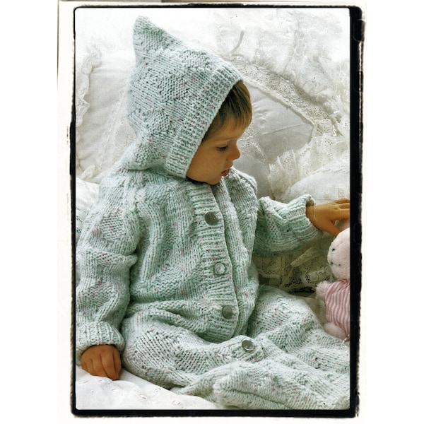 Instant Download PDF Knitting Pattern to make a Baby Sleeping Bag Cocoon Button Up Sleep Suit with Pixie Hood 8 Ply Yarn 16 to 22 inch Chest