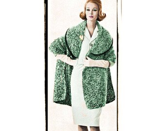 May include: A woman wearing a green crocheted jacket with a white dress and white gloves.