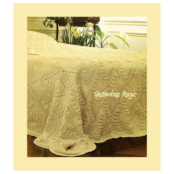 Instant Download PDF Knitting Pattern to make an Heirloom Patchwork Cotton Yarn Double Bedspread Bed Cover Scalloped Motif Embossed Leaves