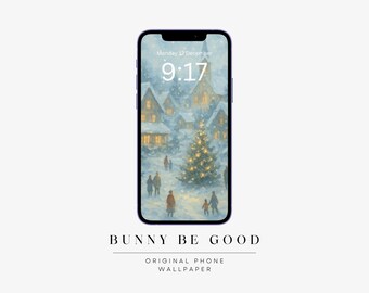 Vintage Christmas Village Phone Wallpaper | Winter Oil Painting (Digital Download)