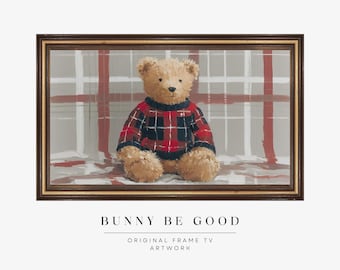 Cuadro al óleo vintage inspirado en Ralph Lauren, estilo navideño, con forma de oso de peluche (descarga digital)