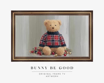 Cuadro navideño de FRAME TV inspirado en Ralph Lauren con oso de peluche vintage (descarga digital)