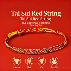 Puede incluir: Una pulsera trenzada roja y dorada con el texto "Tai Sui Red String" y "2026 Bingwu Year of the Horse". La pulsera se muestra sobre un fondo rojo con símbolos del zodiaco para Caballo, Rata, Buey y Conejo.