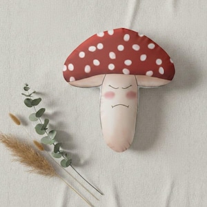 Grumpy Mushroom Shaped Pillow, Cute Forest Decor Plush, Hand-Drawn Fungi Throw Pillow, Whimsical Woodland Nursery Decor, Goblincore Gift