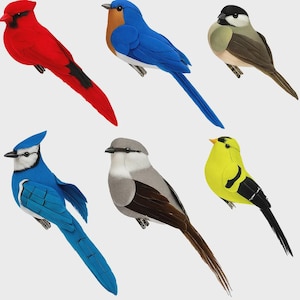 May include: A collection of six decorative bird figurines in various colors. The birds include a red cardinal, bluebird, chickadee, blue jay, gray shrike, and yellow finch. Each bird has detailed feathering and is perched as if in flight.